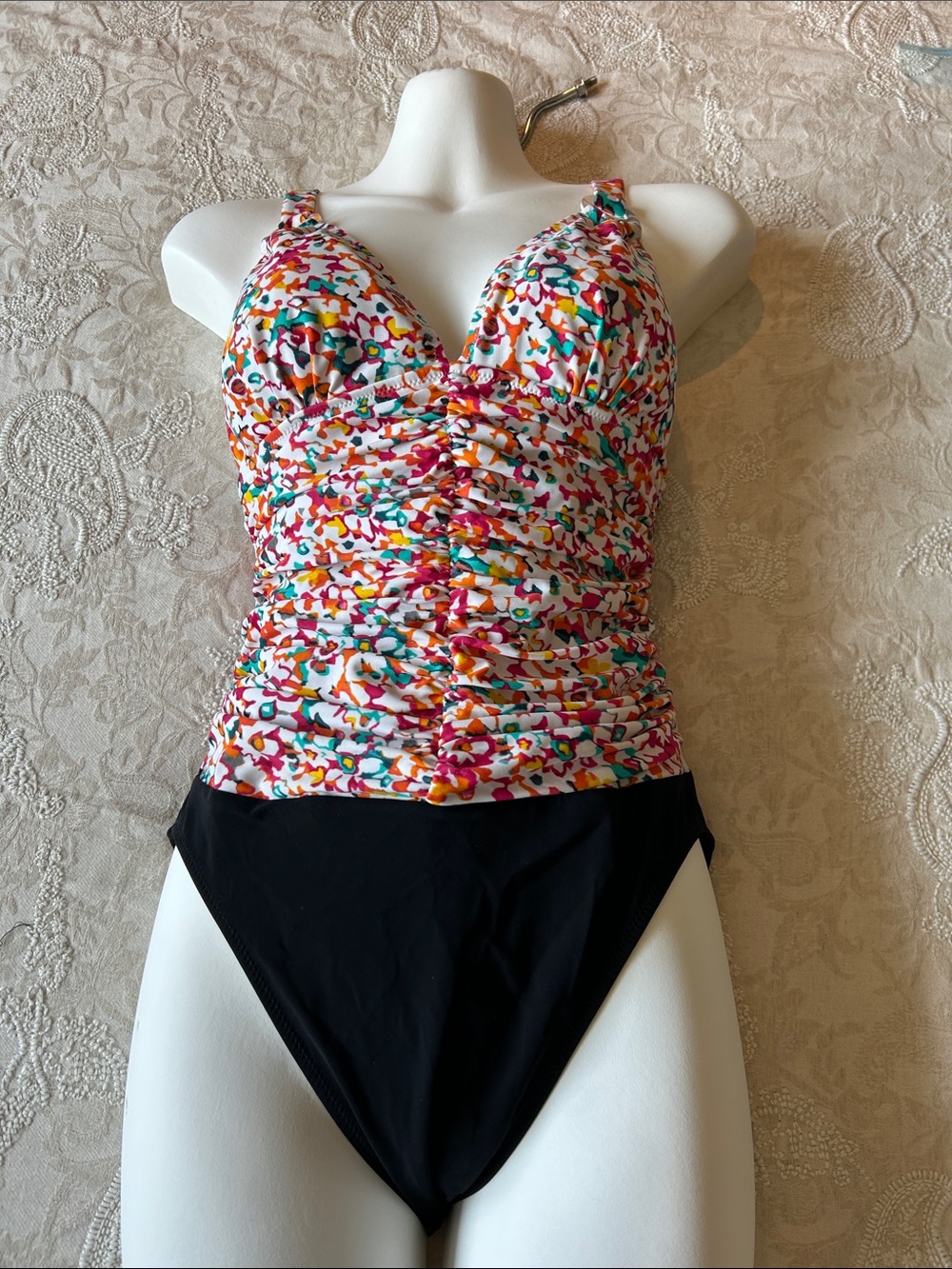 Profile by Gottex Floral Colorblock Ruched One-Piece Swimsuit - Size 8